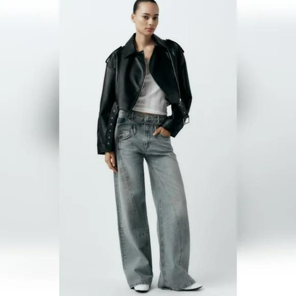 ZARA FAUX LEATHER CROP BIKER JACKET - Picture 7 of 10